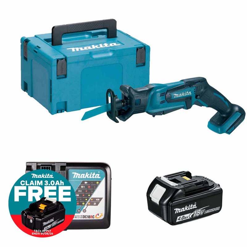 Makita DJR183Z 18V Cordless Mini Reciprocating Saw with 1x 4.0Ah Battery, Charger and Makpac Carry Case