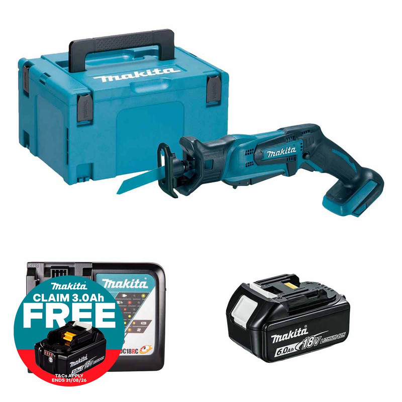 Makita DJR183Z 18V Cordless Mini Reciprocating Saw with 1x 6.0Ah Battery, Charger and Makpac Carry Case