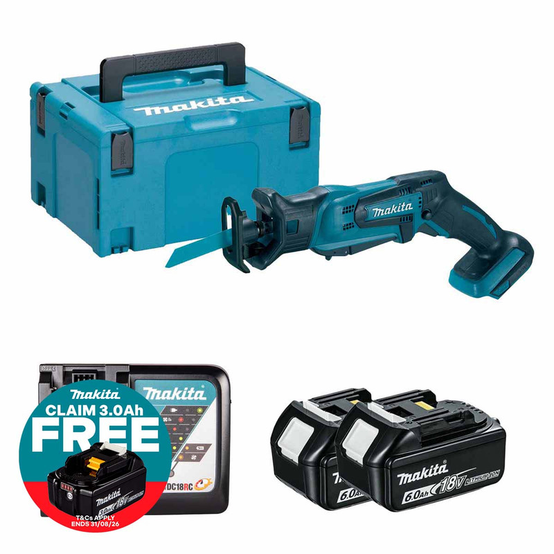 Makita DJR183Z 18V Cordless Mini Reciprocating Saw with 2x 6.0Ah Batteries, Charger and Makpac Carry Case