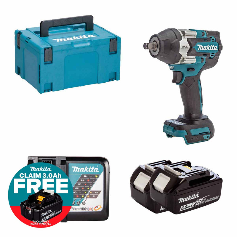 Makita DTW700Z 18V Brushless 1/2" Impact Wrench with 2x 5.0Ah Batteries, Charger and Makpac Carry Case