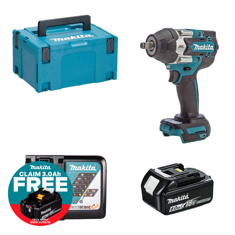 Makita DTW700Z 18V Brushless 1/2" Impact Wrench with 1x 6.0Ah Battery, Charger and Makpac Carry Case