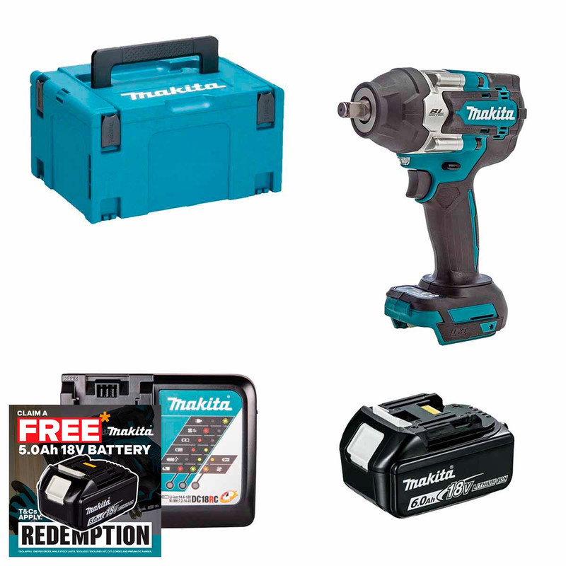 Makita DTW700Z 18V Brushless 1/2" Impact Wrench with 1x 6.0Ah Battery, Charger and Makpac Carry Case