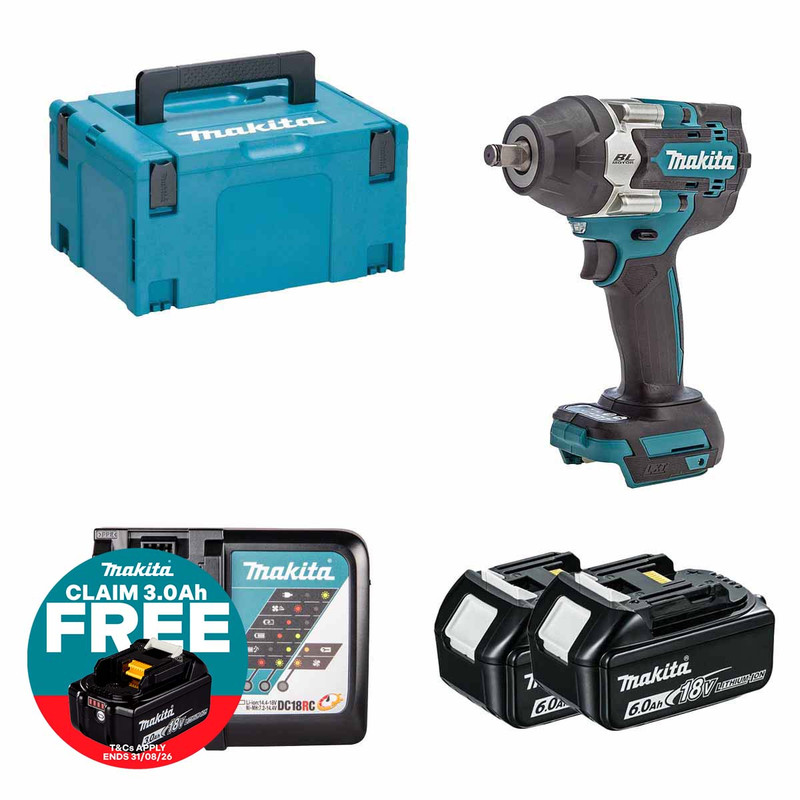 Makita DTW700Z 18V Brushless 1/2" Impact Wrench with 2x 6.0Ah Batteries, Charger and Makpac Carry Case