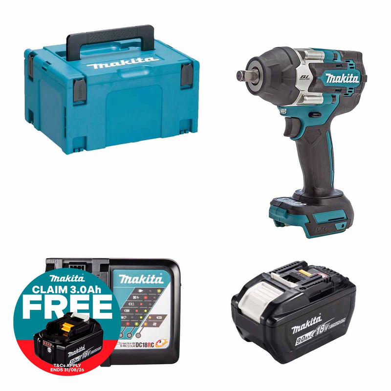 Makita DTW700Z 18V Brushless 1/2" Impact Wrench with 1x 9.0Ah Battery, Charger and Makpac Carry Case