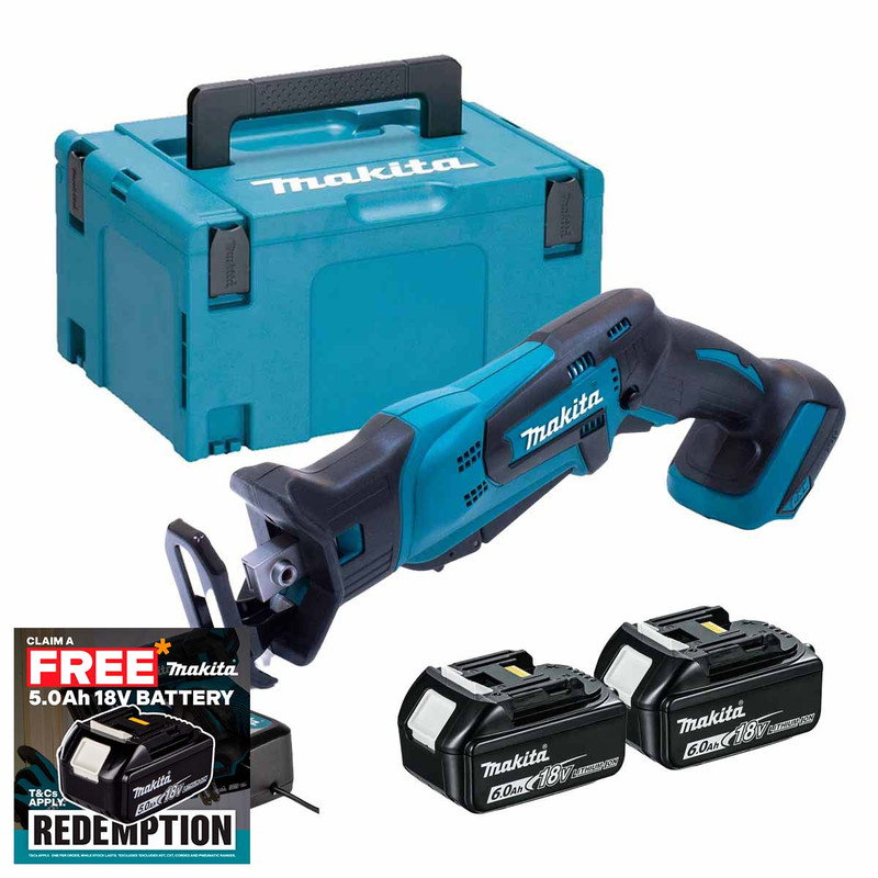 Makita DJR185Z 18V Cordless Mini Reciprocating Saw with 2x 6.0Ah Batteries, Charger and Makpac Carry Case