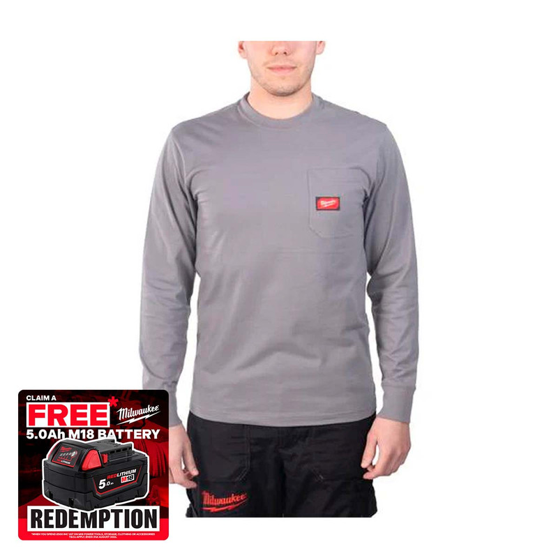 Milwaukee 4932493038 Long Sleeve Work T-Shirt, Grey (Size S)