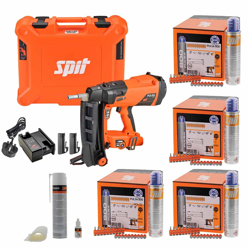 Spit 019440 Pulsa P65 Cordless Gas Nail Gun Kit with 2x 2.9Ah Batteries, 22mm, 27mm, 50mm & 57mm Pins, 3x Fuel Cell & Cleaning Kit