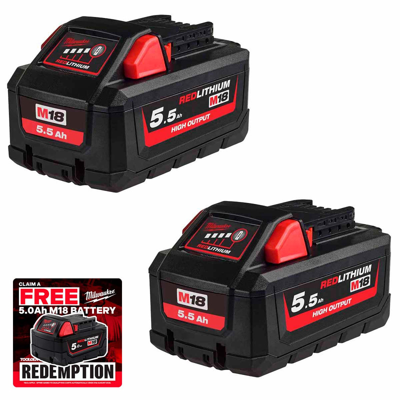 Milwaukee M18HB5.5 18V 5.5Ah HIGH OUTPUT™ Redlithum-ion Battery (Twin Pack)