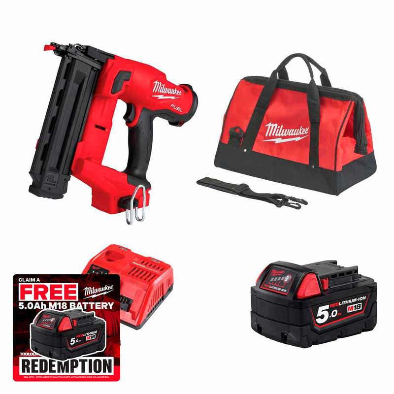 Milwaukee M18FN18GS-501B 18V Fuel Straight Second Fix Nail Gun with 1x 5.0Ah Battery, Rapid Charger & Contractor Tool Bag