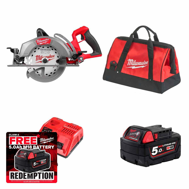 Milwaukee M18FCSRH662-0 18V Fuel Gen 2 Rear Handled 190mm Circular Saw with 1x 5.0Ah Battery, Rapid Charger & Contractor Tool Bag