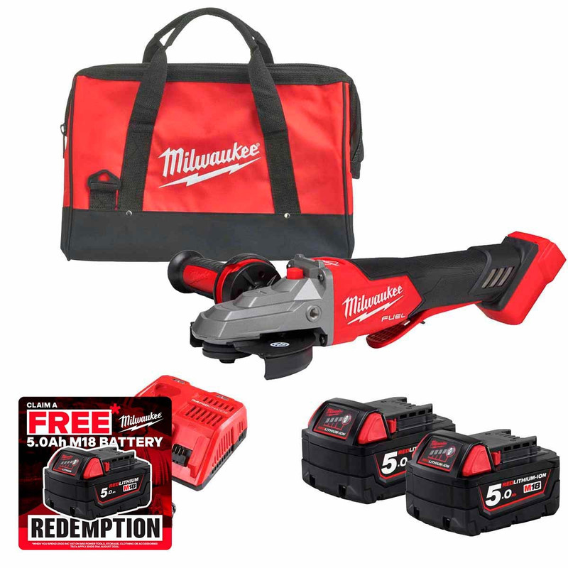 Milwaukee M18FSAGF125XPDB 18V Fuel 125mm Braking Angle Grinder Paddle Switch with 2x 5.0Ah Batteries, Charger and Tool Bag