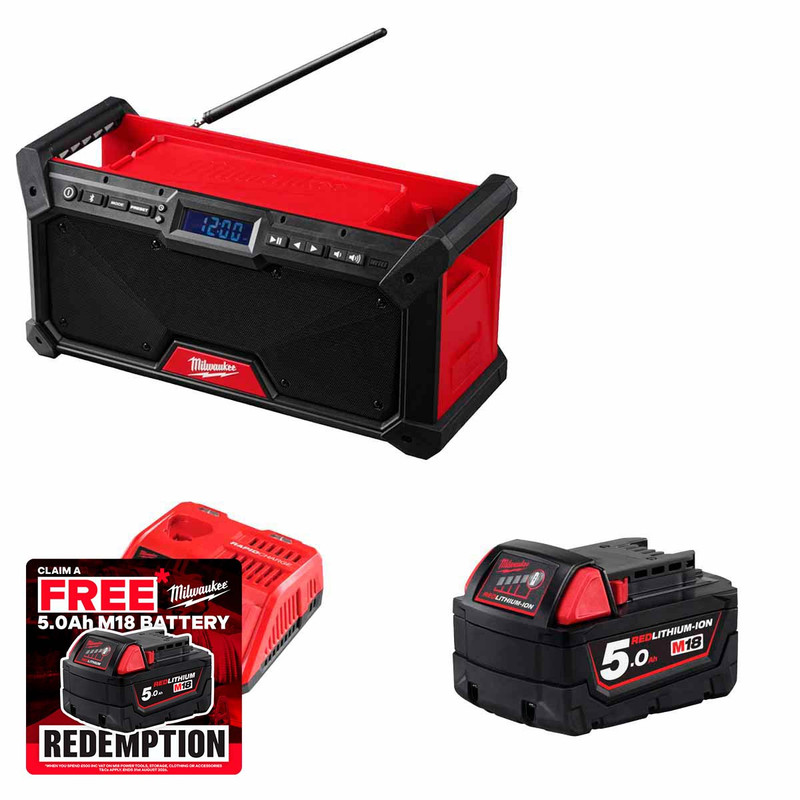 Milwaukee M18RADDAB+G2-501 Jobsite Radio DAB+ with 1x 5.0Ah Battery & Fast Charger