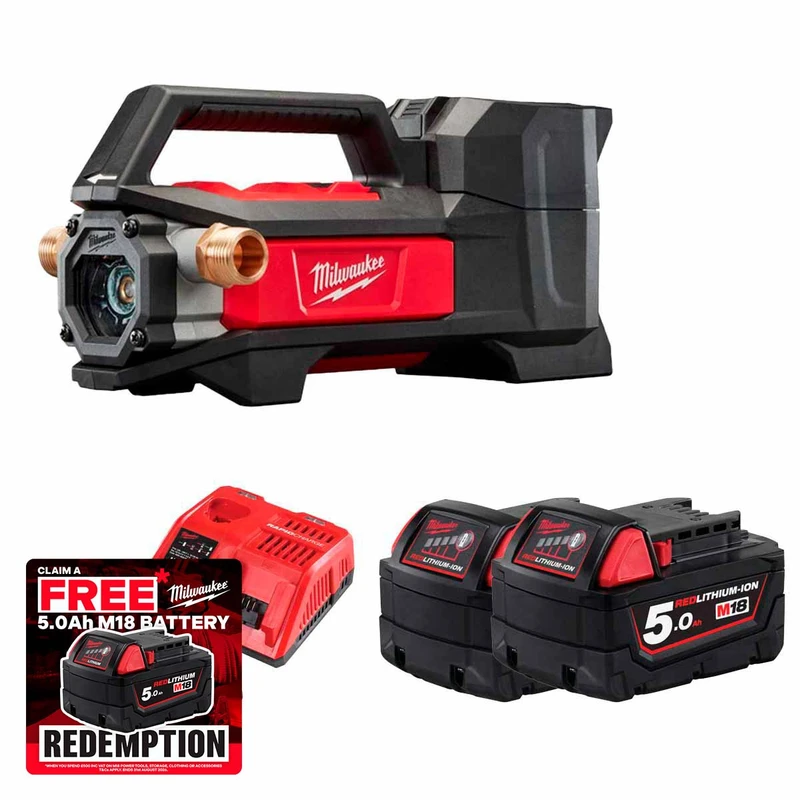 Milwaukee M18BTP-502 M18 Compact Transfer Pump with 2x 5.0Ah Batteries & Milwaukee Fast Charger