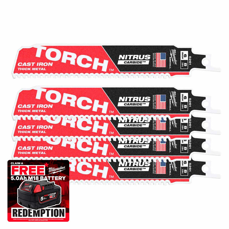 Milwaukee 48475561 Heavy Duty TORCH™ with NITRUS CARBIDE™ Reciprocating Saw Blade with Carbide Teeth 150mm x 8TPI (5 Pack)
