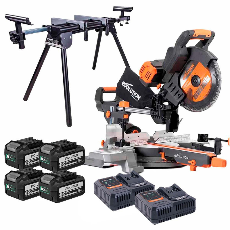 Evolution R255SMS-DB-Li 36V EXT Double Bevel Mitre Saw with Stand and 4x 5.0Ah Batteries