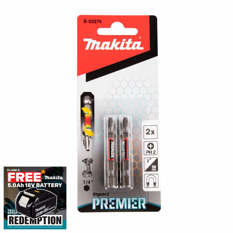 Makita E-03274 Impact Premier Torsion Bit PH2 50mm (2 Pack)