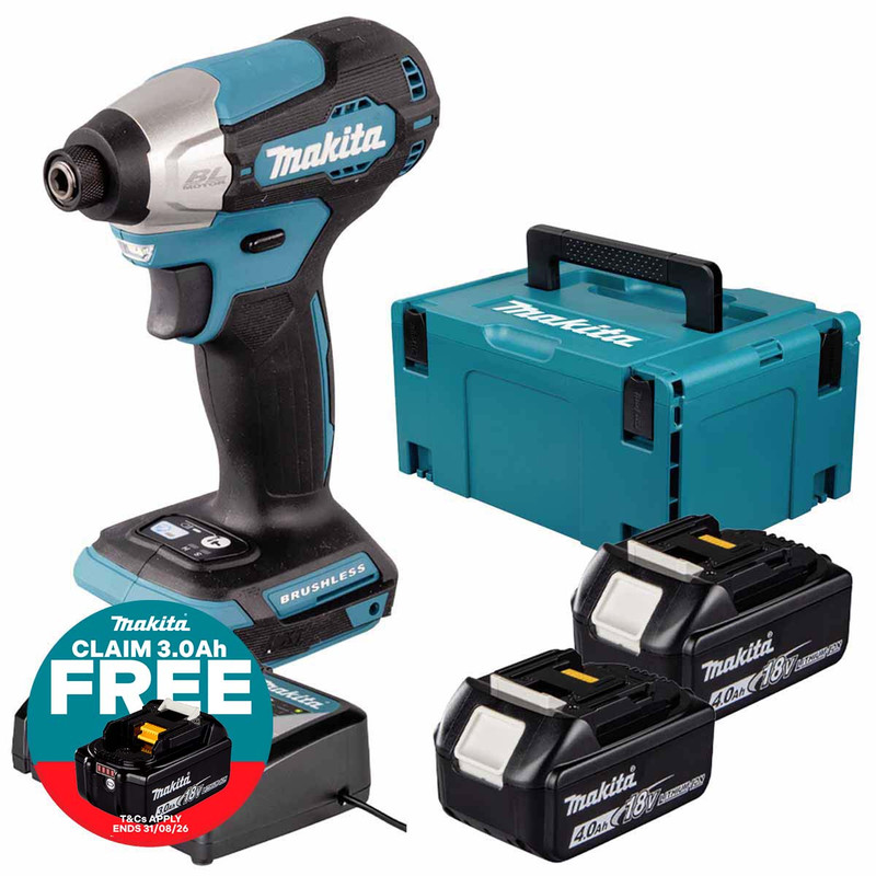 Makita DTD157Z LXT 18V Brushless Impact Driver with 2x 4.0Ah Batteries, Charger & Makpac Carry Case