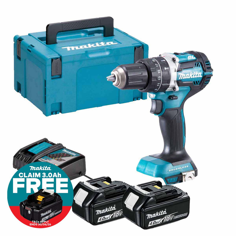 Makita DHP484Z 18V LXT Brushless Combi Drill with 2x 4.0Ah Batteries, Charger and Makpac Carry Case