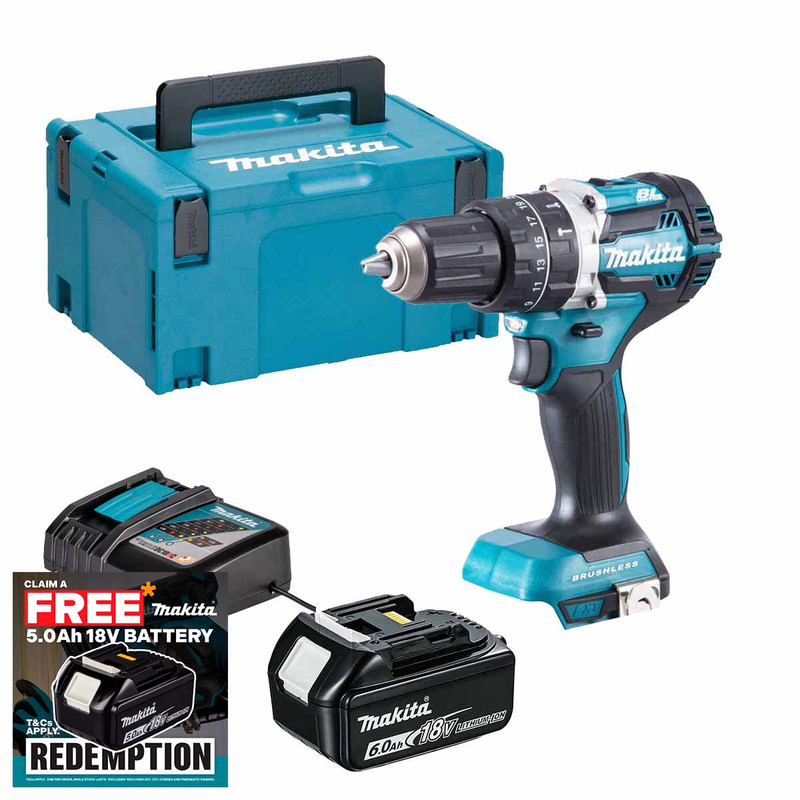 Makita DHP484Z 18V LXT Brushless Combi Drill with 1x 6.0Ah Battery, Charger and Makpac Carry Case