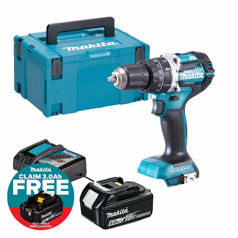 Makita DHP484Z 18V LXT Brushless Combi Drill with 1x 6.0Ah Battery, Charger and Makpac Carry Case