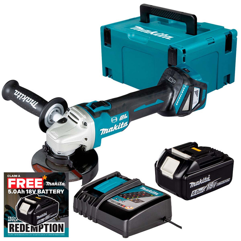Makita DGA463Z LXT 18V Brushless 115mm Angle Grinder with 1x 6.0Ah Battery, Charger and Makpac Carry Case