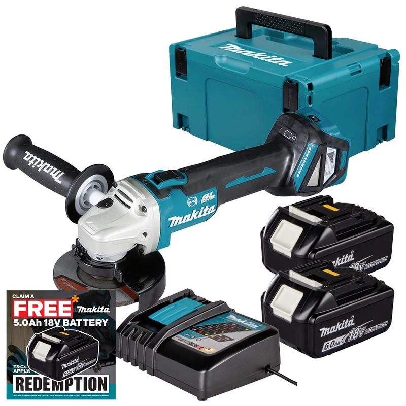 Makita DGA463Z LXT 18V Brushless 115mm Angle Grinder with 2x 6.0Ah Batteries, Charger and Makpac Carry Case