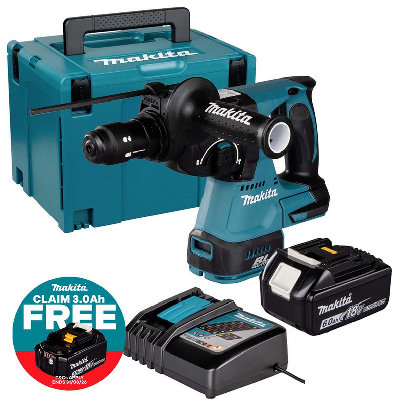 Makita DHR243Z 18V LXT 24mm Brushless SDS+ Rotary Hammer with 1x 6.0Ah Battery, Charger and Makpac Carry Case