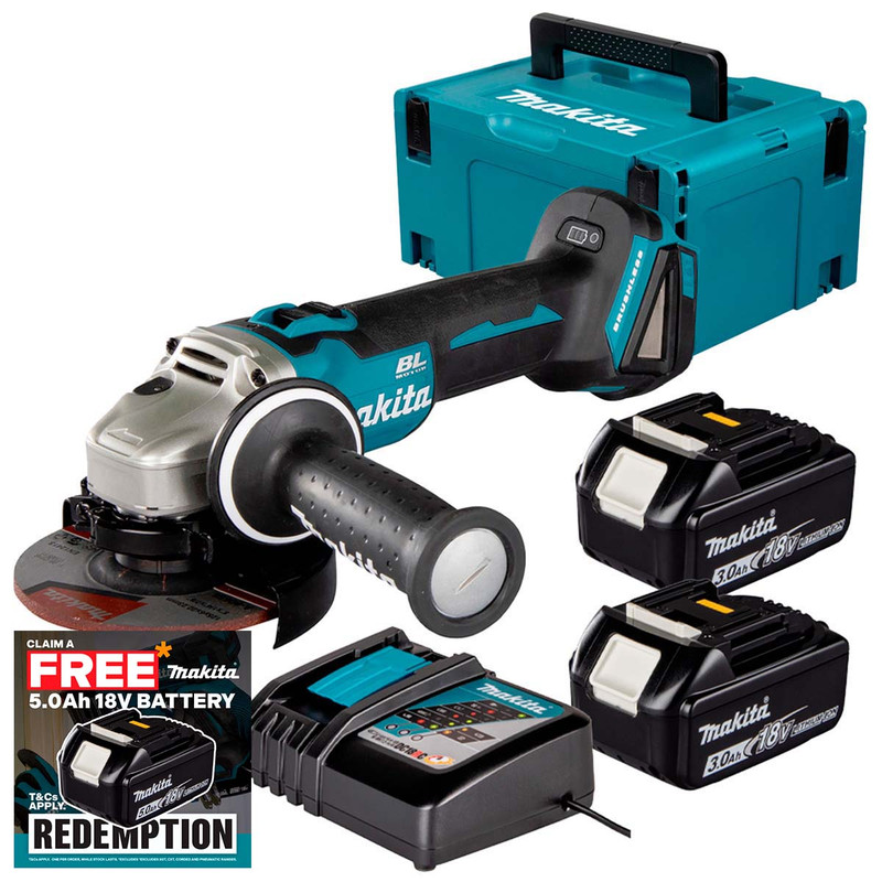Makita DGA504Z 18V LXT Brushless 125mm Angle Grinder with 2x 3.0Ah Batteries, Charger and Makpac Carry Case