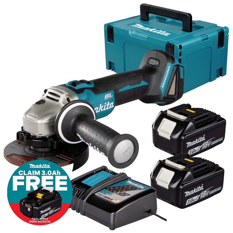 Makita DGA504Z 18V LXT Brushless 125mm Angle Grinder with 2x 3.0Ah Batteries, Charger and Makpac Carry Case