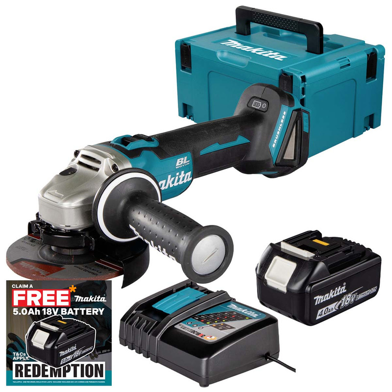 Makita DGA504Z 18V LXT Brushless 125mm Angle Grinder with 1x 4.0Ah Battery, Charger and Makpac Carry Case
