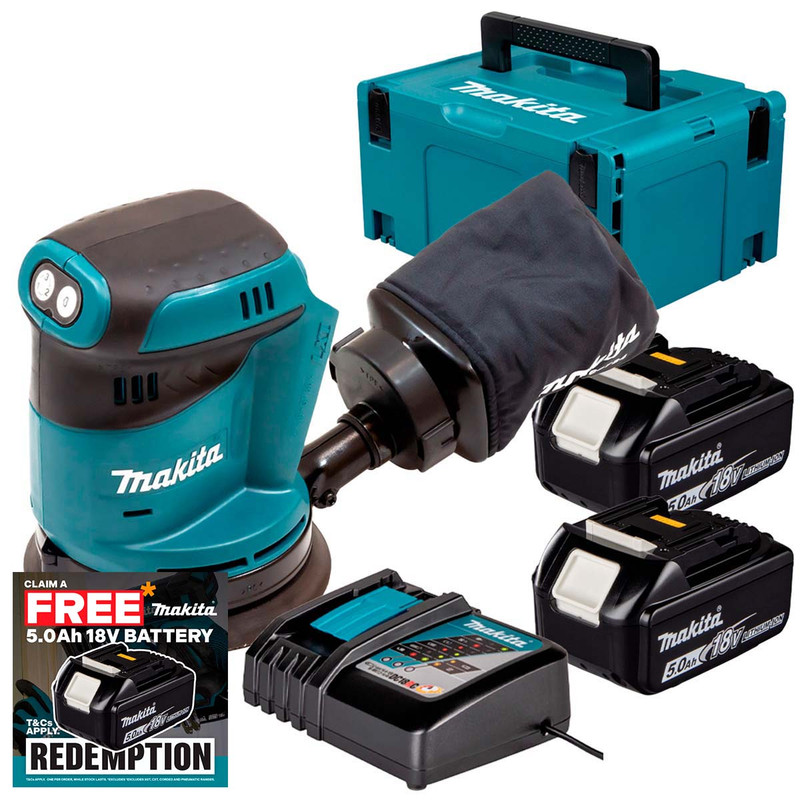 Makita DBO180Z 18V LXT 125mm Random Orbit Sander with 2x 5.0Ah Batteries, Charger and Makpac Carry Case