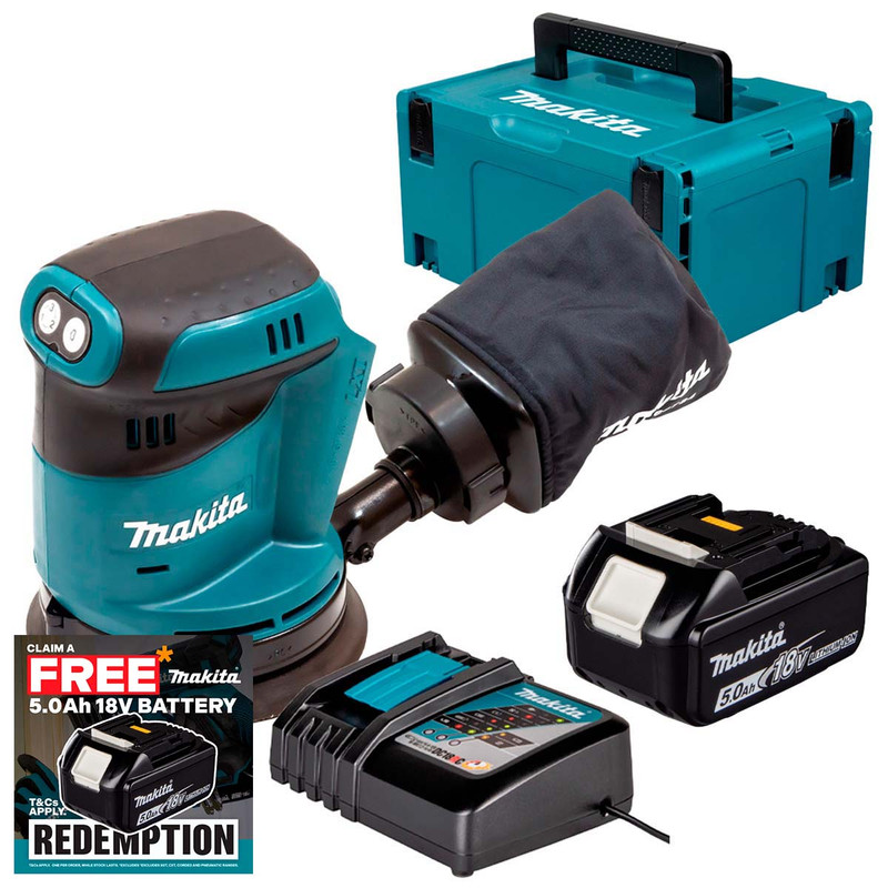 Makita DBO180Z 18V LXT 125mm Random Orbit Sander with 1x 5.0Ah Battery, Charger and Makpac Carry Case