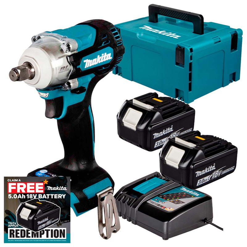 Makita DTW300Z LXT 18V Brushless 1/2" Impact Wrench with 2x 3.0Ah Batteries, Charger and Makpac Carry Case