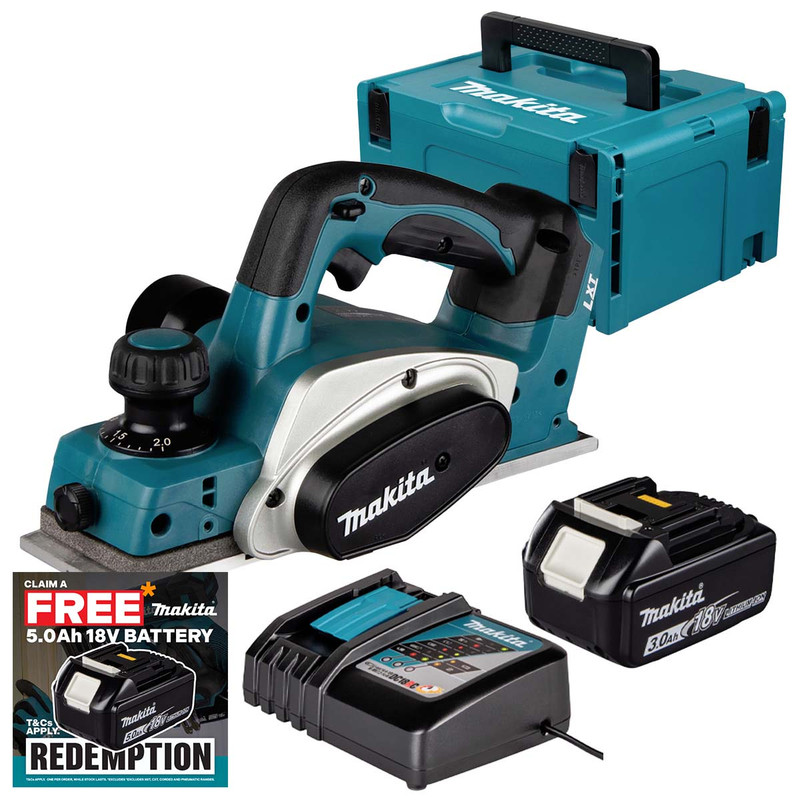 Makita DKP180Z LXT 18V Cordless 82mm Planer with 1x 3.0Ah Battery, Charger and Makpac Carry Case