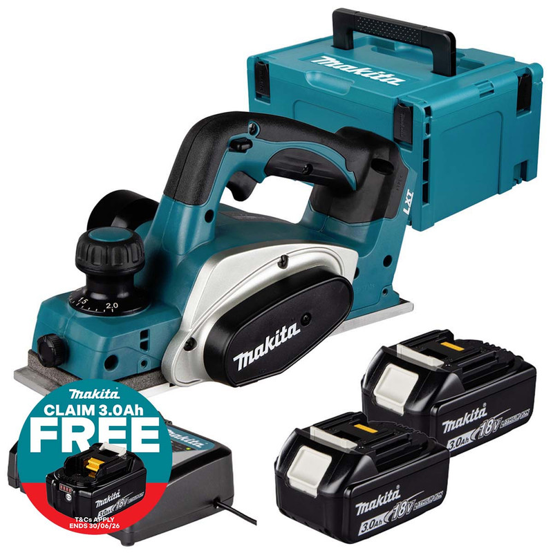 Makita DKP180Z LXT 18V Cordless 82mm Planer with 2x 3.0Ah Batteries, Charger and Makpac Carry Case