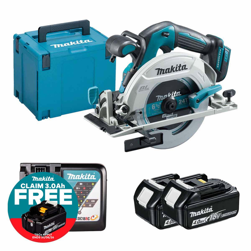 Makita DHS680Z LXT 18V Brushless 165mm Circular Saw with 2x 4.0Ah Batteries, Charger and Makpac Carry Case