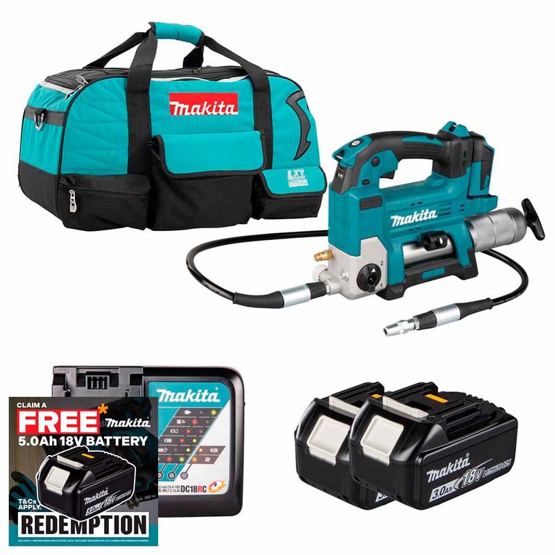 Makita DGP180Z LXT 18V Grease Gun with 2x 3.0Ah Batteries, Charger and Heavy Duty Tool Bag