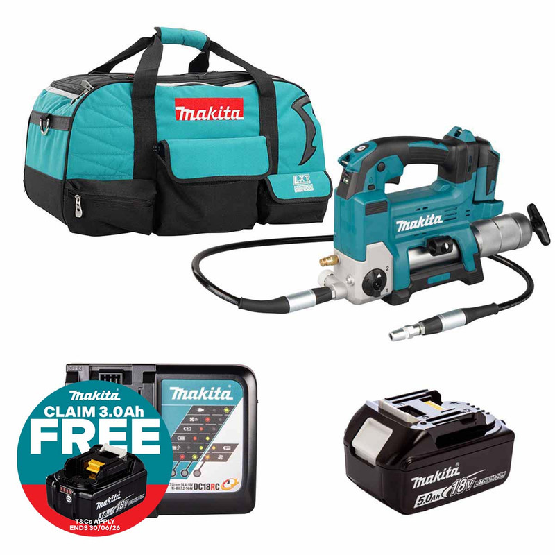 Makita DGP180Z LXT 18V Grease Gun with 1x 5.0Ah Battery, Charger and Heavy Duty Tool Bag