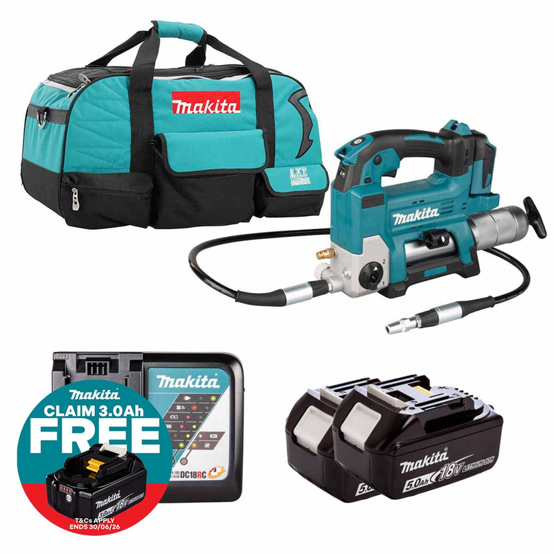 Makita DGP180Z LXT 18V Grease Gun with 2x 5.0Ah Batteries, Charger and Heavy Duty Tool Bag