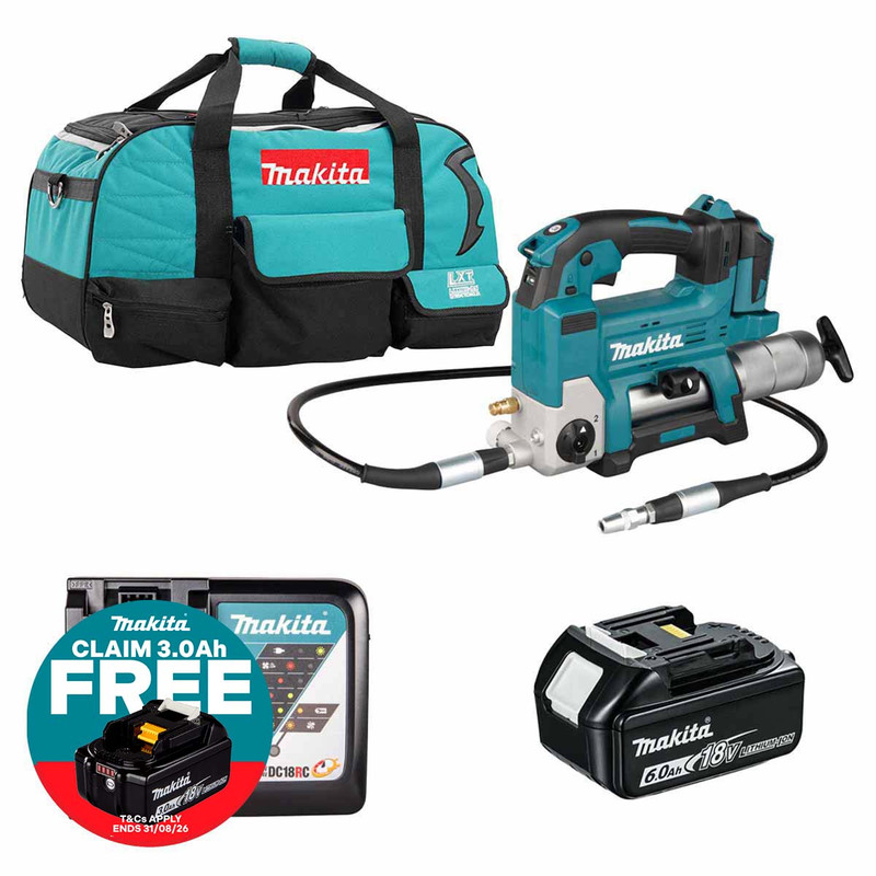 Makita DGP180Z LXT 18V Grease Gun with 1x 6.0Ah Battery, Charger and Heavy Duty Tool Bag