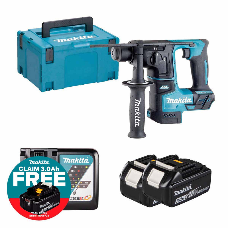 Makita DHR171Z 18V LXT Brushless 17mm SDS+ Rotary Hammer with 2x 3.0Ah Batteries, Charger and Makpac Carry Case