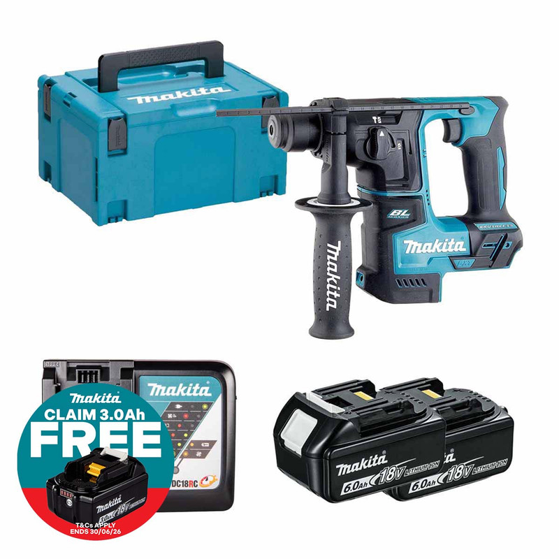 Makita DHR171Z 18V LXT Brushless 17mm SDS+ Rotary Hammer with 2x 6.0Ah Batteries, Charger and Makpac Carry Case