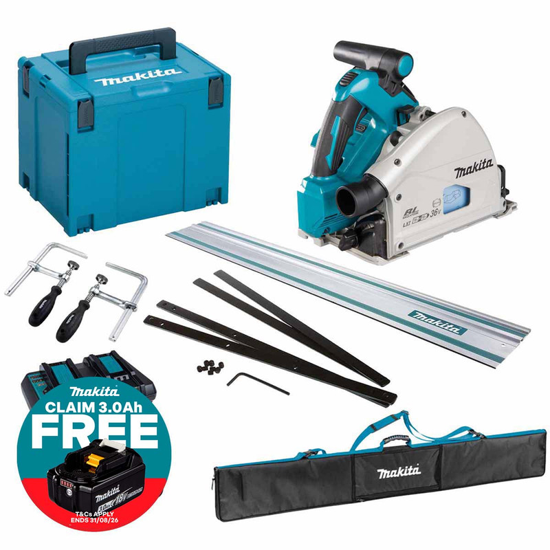 Makita DSP600ZJ Twin 18V LXT 165mm Cordless Plunge Saw with 2x 6.0Ah Batteries, Charger, Makpac Case and 1.5m Guide Rail with Accessories