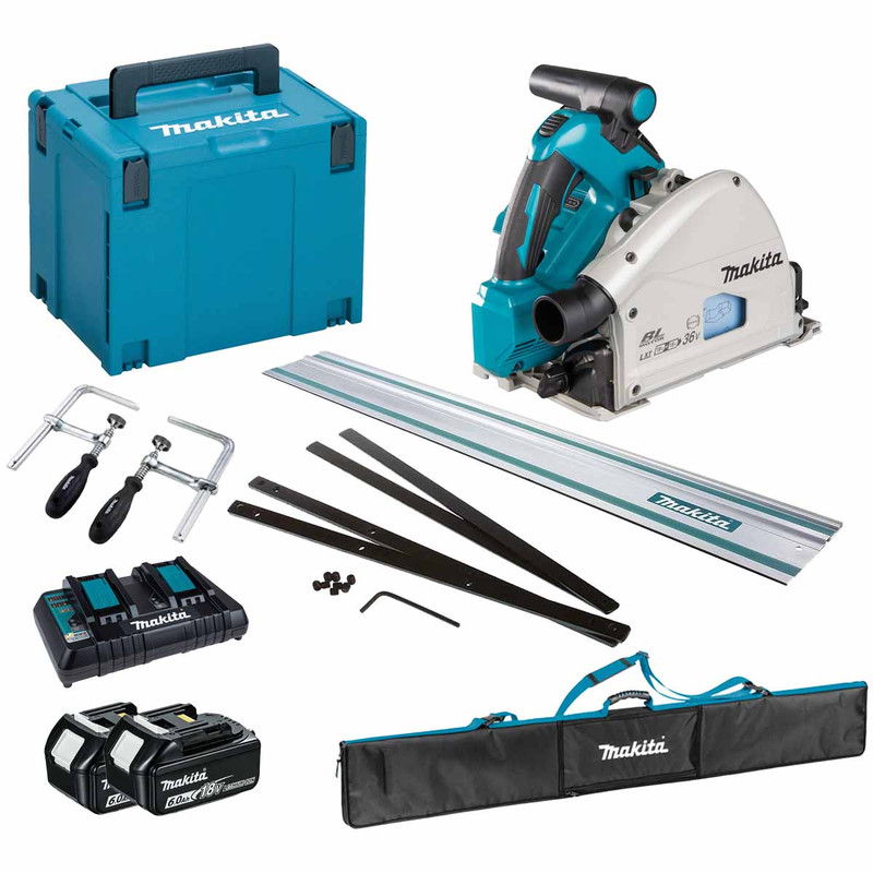 Makita DSP600ZJ Twin 18V LXT 165mm Cordless Plunge Saw with 2x 6.0Ah Batteries, Charger, Makpac Case and 1.5m Guide Rail with Accessories