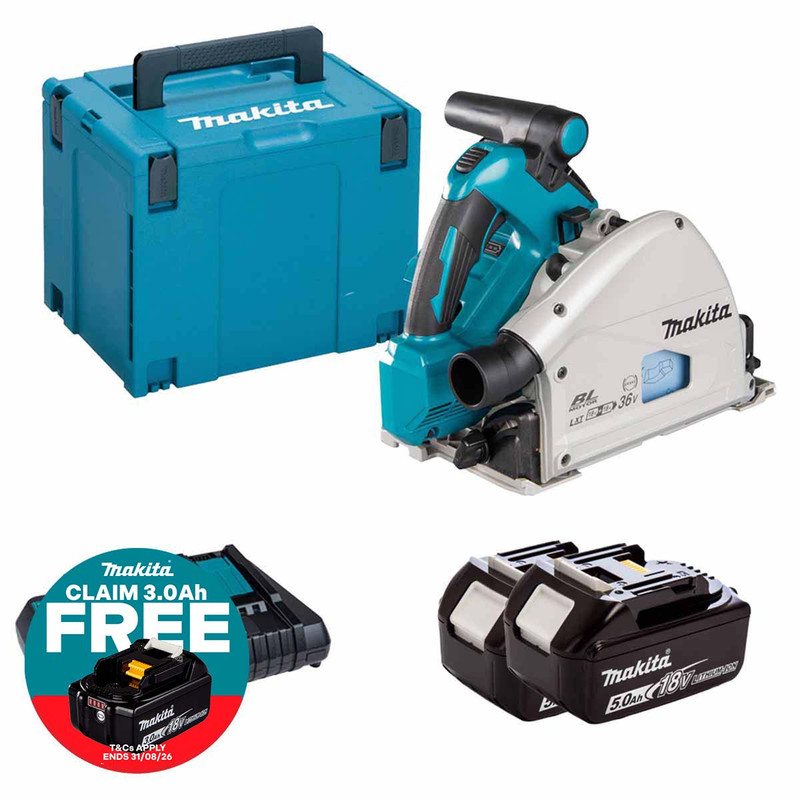 Makita DSP600ZJ Twin 18V LXT 165mm Cordless Plunge Saw with 2x 5.0Ah Batteries, Charger and Makpac Carry Case