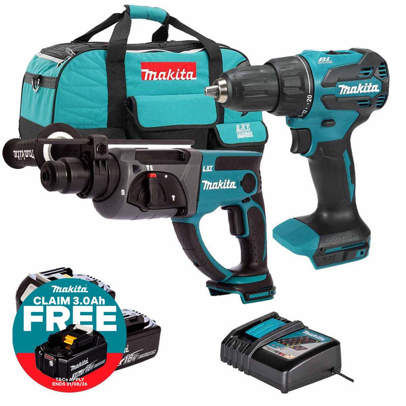 Makita 18V LXT Brushless SDS+ Rotary Hammer and Combi Drill Kit with 2x 5.0Ah Batteries, Charger and Tool Bag