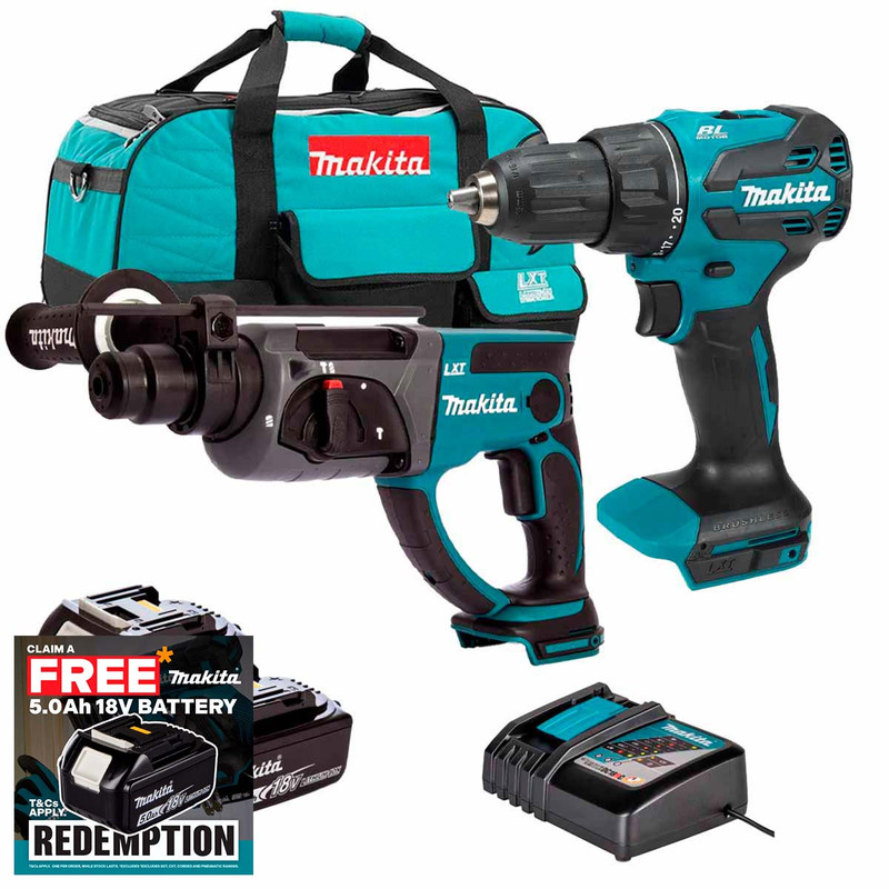 Makita 18V LXT Brushless SDS+ Rotary Hammer and Combi Drill Kit with 2x 5.0Ah Batteries, Charger and Tool Bag