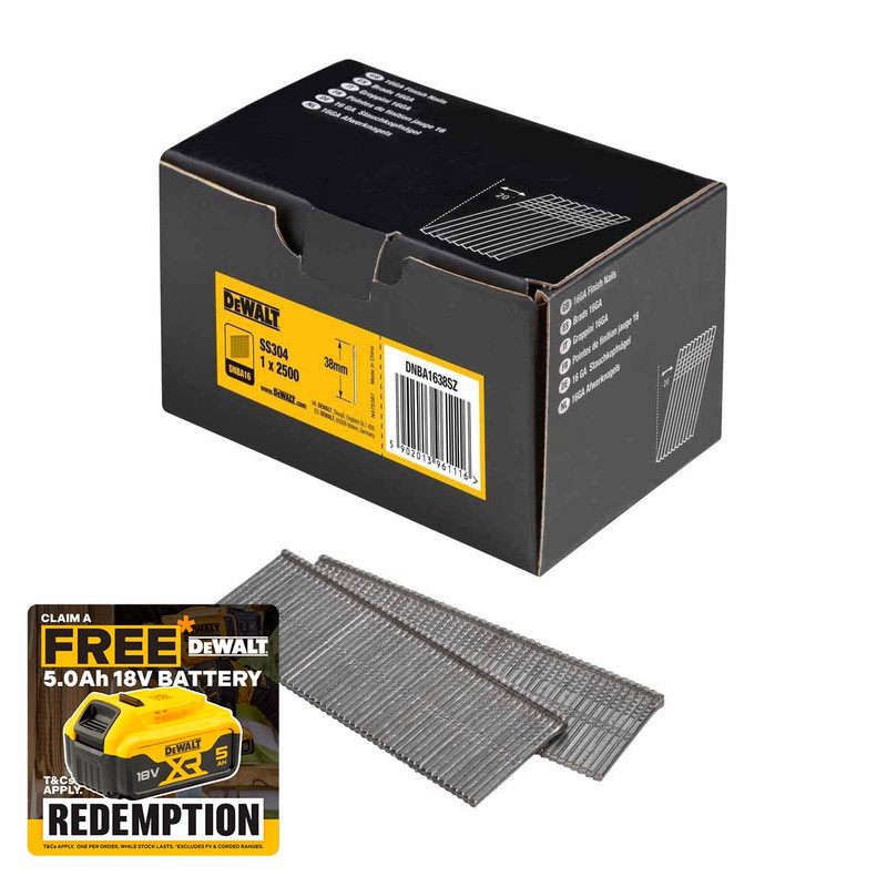 DeWalt DNBA1638SZ 38mm 16ga Stainless Angled Finish Nails (Pack of 2500)