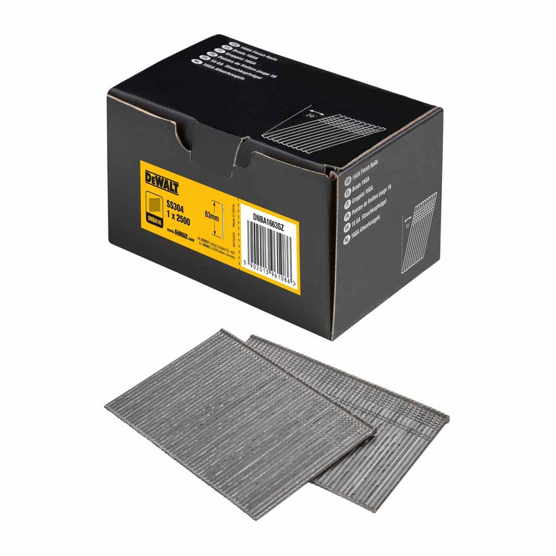 DeWalt DNBA1663SZ 63mm 16ga Stainless Angled Finish Nails (Pack of 2500)
