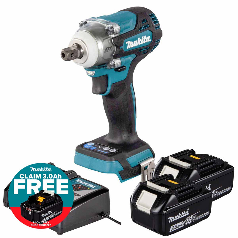 Makita DTW301Z 18V LXT Brushless 1/2" Impact Wrench with 2x 3.0Ah Batteries, Charger and Makpac 3 Case